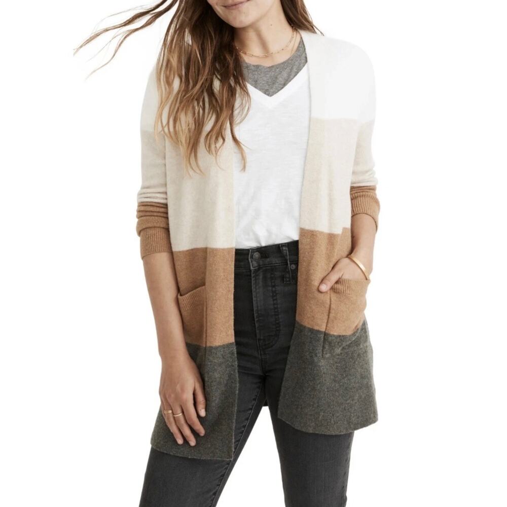 Madewell Kent Colorblock Striped Cardigan size L Wool Alpaca Pockets